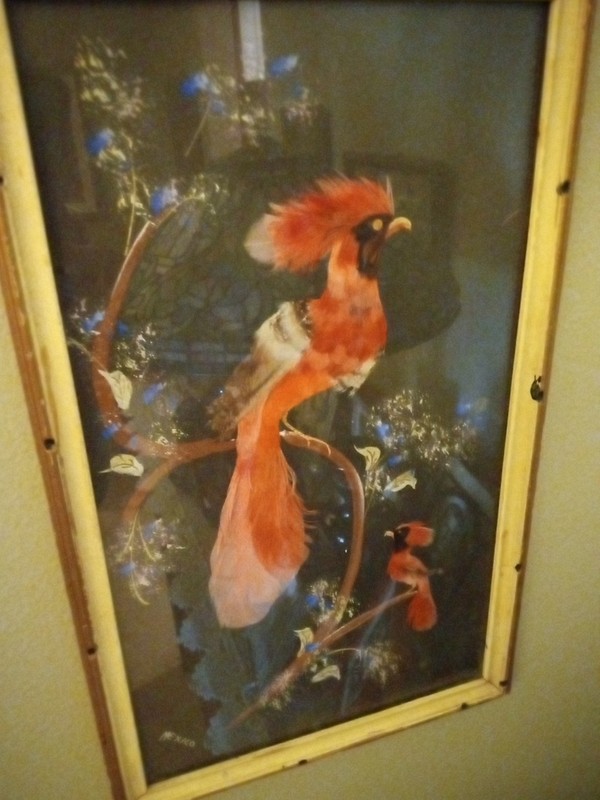 VINTAGE MEXICAN FOLK ART 17" x 10" FEATHERCRAFT 2 BIRDS ART HAND PAINTED FRAMED