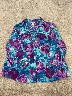 IB Diffusion Top Women Large Watercolor Floral Satin Silk Ruffle Pintuck Blouse