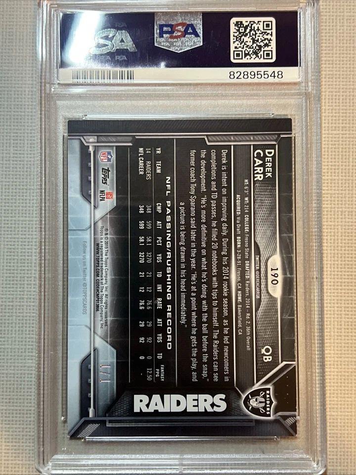 2015 Topps Chrome - Derek Carr #190 (1/1) RARE - Image 2 of 3