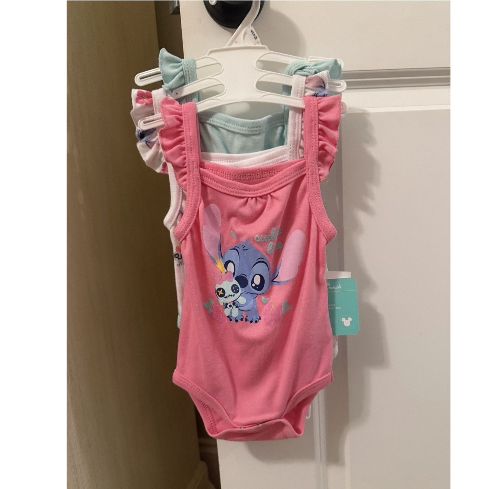 Disney Stitch Sleeveless Pink Romper Set with Ruffle Accents, Snap Closure