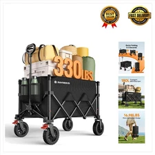 Compact Foldable Wagon: 330lbs Heavy-Duty Cart with Adjustable Handle & Storage