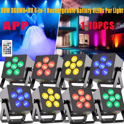 80W Wireless Rechargeable 6 in 1 Stage Par Light RGBWA+UV DJ Wash Lighting DMX