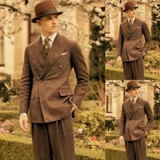 Double Breasted Men's Suits 2Pcs Linen Brown Peak Lapel Blszer Vintage Jacket