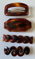 4 Vintage Faux Tortoise Barrette Brown Carved Ornate Made In France