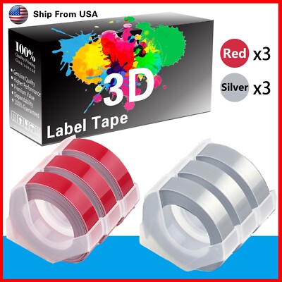 (3Red+3Silver) LabelTape 3D Fit For Dymo S0717900 Junior Embosser Home