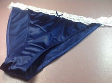 Women Panties,bikinis ILUSION Size L. Blue Satin Soft Silky W/ Fishnet Waistband