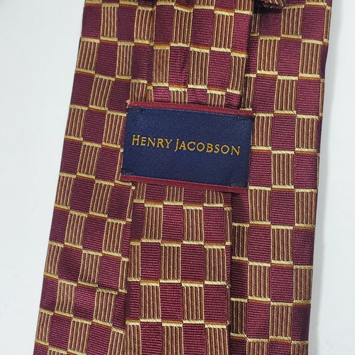 Henry Jacobson Burgundy Gold Rectangles 100% Silk Neck Tie A214 - Picture 5 of 6