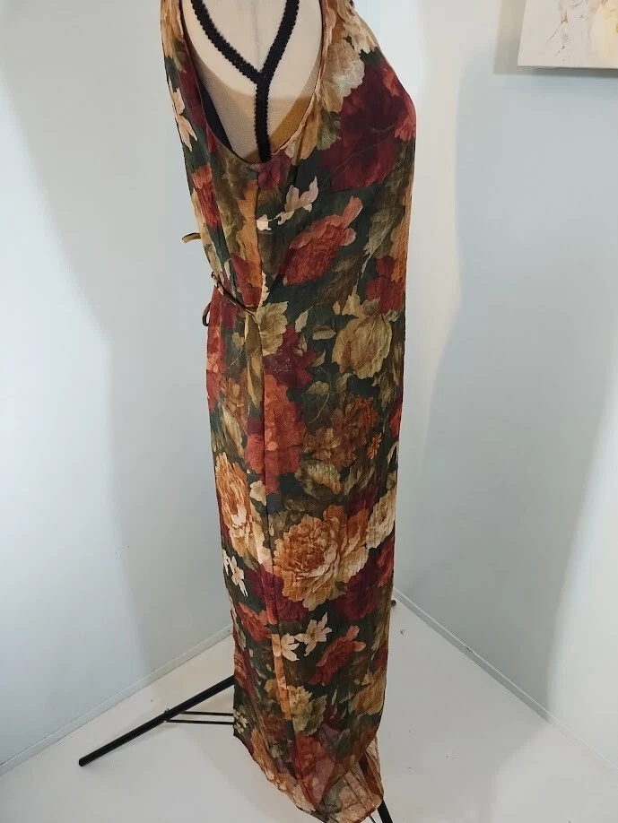 VETEMENTS Abito Dawn Joy Fashions taglia 10 floreale senza maniche foderato vita lunga cravatta trasparente