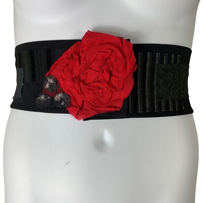 Rant Clothing Belt Size Small Black Red Rose Front Hook Loop Closure