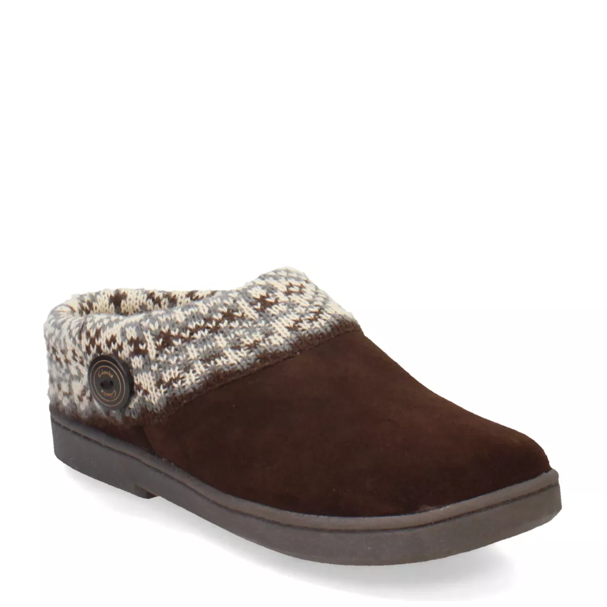 Women s Clarks Knit Collar Slipper LB1144 219 Brown Fabric Suede