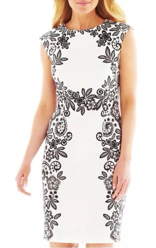 Liz Claiborne Women's Sz 14 White Black Floral Print Sheath Career Dress