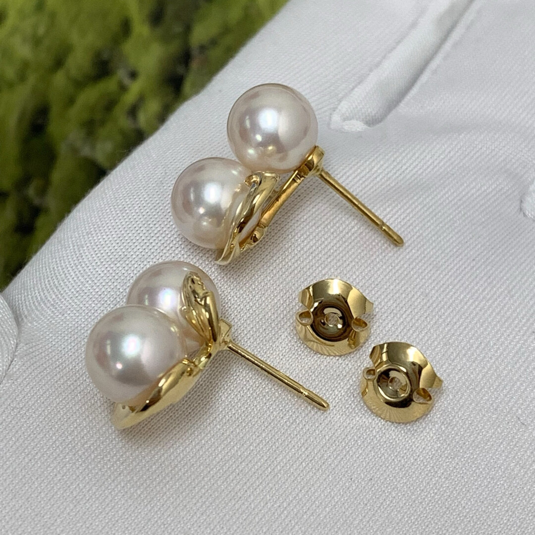 Mikimoto K18 Yellow Gold Akoya Pearl Earrings 7.7-7.8mm Elegant 