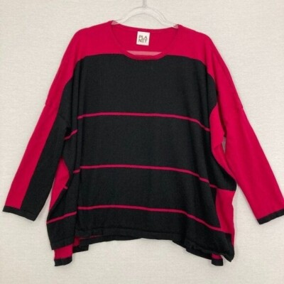 Planet Pink Black Striped Relaxed Fit Lagenlook Light Knit Sweater One Size 
