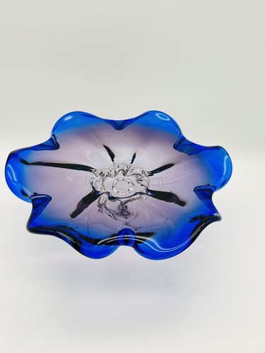 Vintage Royal Gallery Poland Blue & Purple Footed Art Glass Bowl 10.5" - Foto 5 di 13
