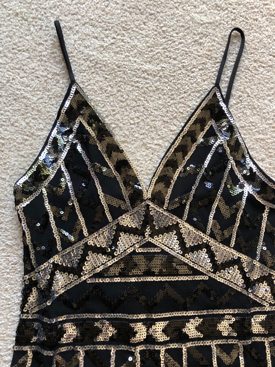 Express Womens Sz XS Black Silver Sequin Spaghetti Strap V Neck MIDI Dress  New | eBay