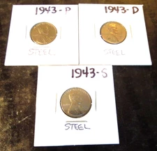 1943 P D S Lincoln Steel Wheat Cent Pennies Set of 3 Coins in flip holders