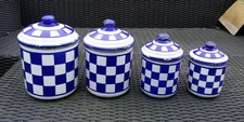 4 pots à épices tôle émaillée comme cafetière décor LUSTUCRU bleu/blanc boite