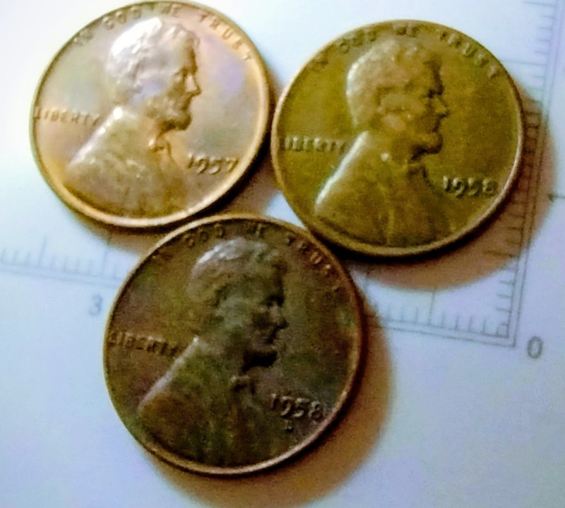 1957 1958 1958 D LINCOLN WHEAT HEAD PENNIES. CIRCULATED. "MV5P"