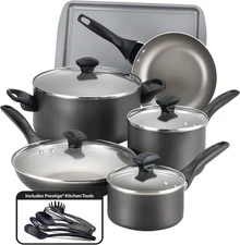 Dishwasher Safe Nonstick Cookware Pots and Pans Set, 15 Piece, Pewter