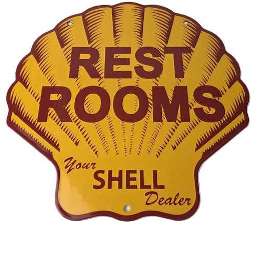 Vintage Shell Gasoline Sign - Rest Rooms Porcelain Gas Pump Plate Sign