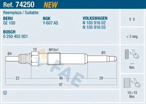 74250 ENGINE GLOW PLUGS FAE 4PCS FOR AUDI A3,A2,A4,8P1,8PA,8Z0,B7,8P7 - Image 2 of 4