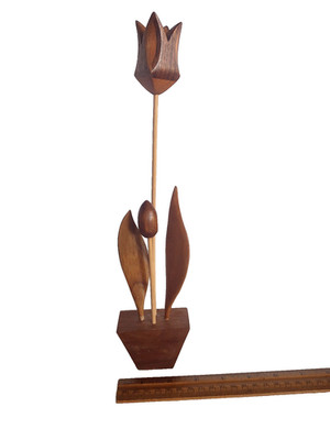 Vintage MCM Hand Carved Wooden Inlay Tulips & Leaves Sculpture *12.5''