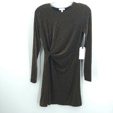 Leith Faux Wrap Mini Dress Long Sleeve Striped Black Metallic Gold Small SPARKLE