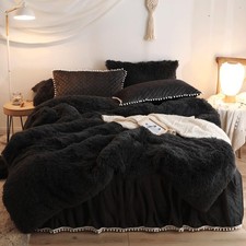 Plush Black Comforter Cover Queen Set, Soft Faux Fur Fluffy Black Bedding Que...