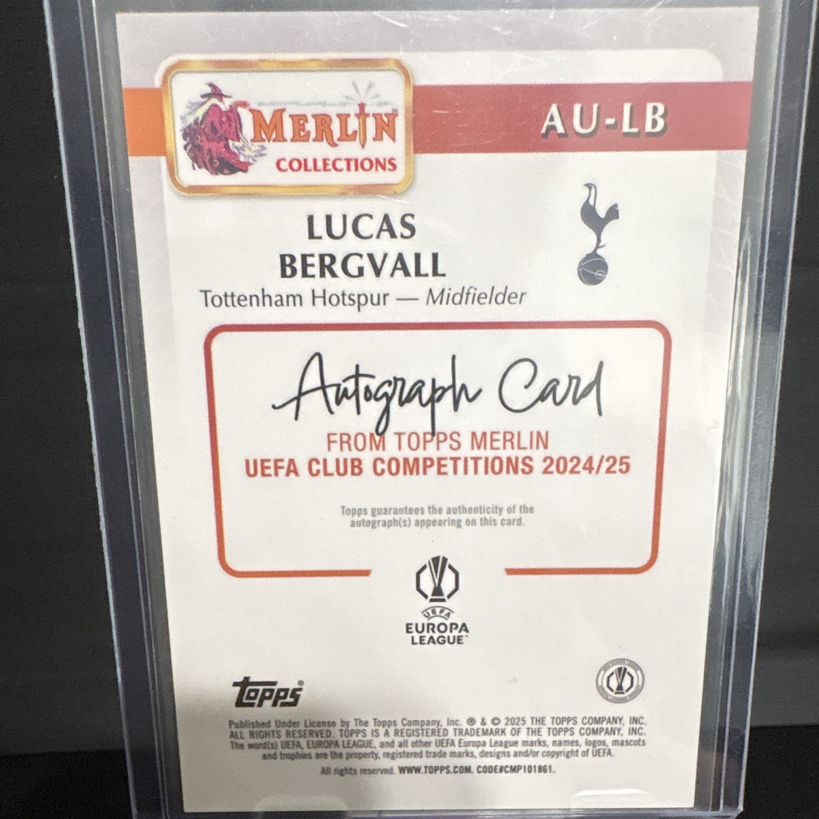 Topps Merlin UEFA Club 2024-25 Lucas Bergvall AU-LB RC Auto 27/50 view 2