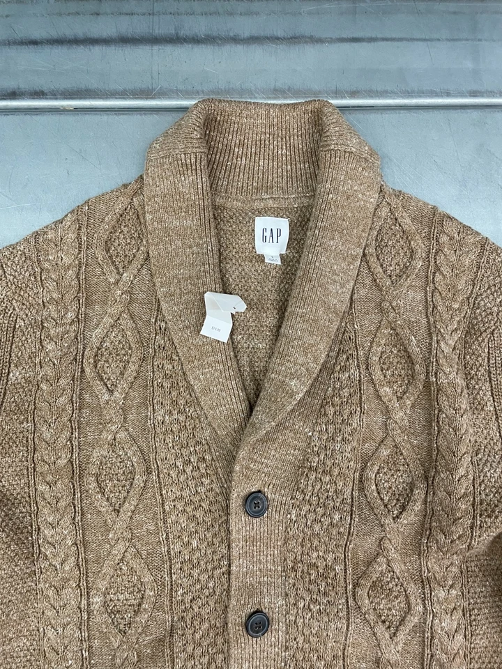 Cárdigan suéter tejido con cable GAP para hombre grande beige camel pescador preppy nuevo con etiquetas Foto 3 de 4