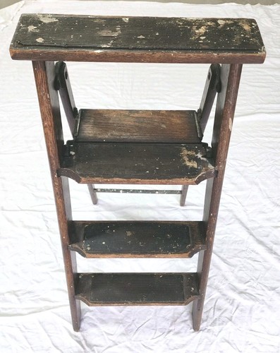 Antique Oak Wooden Folding Painters 3 Step Ladder Rustic Plants Farmhouse Decor