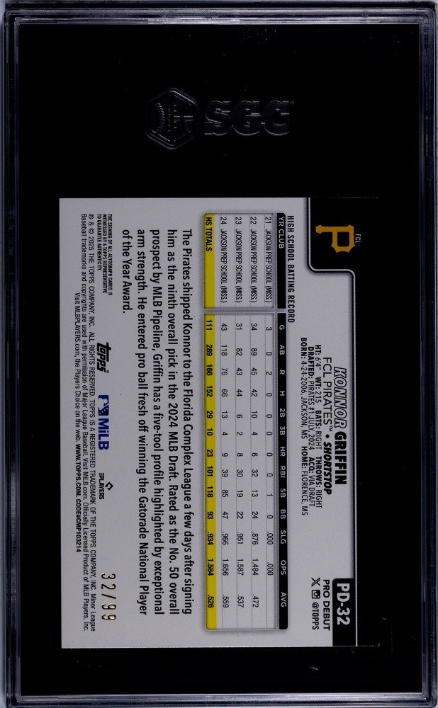 2025 Topps Pro Debut - Konnor Griffin #PD-32 Green Foil Autographs /99 (AU, RC) view 2