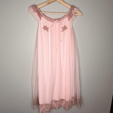 VTG 1960s Pink Sheer Chiffon Babydoll Nightgown Lace Applique Lingerie Slip S