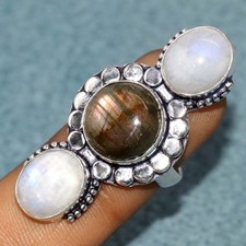 925 Silver Plated Long Fiery Labradorite Rainbow Moonstone Ring US 7.5 Jewels JW