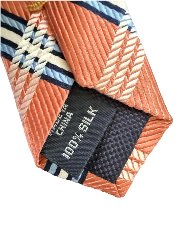 Corbata a Rayas a Cuadros Nautica Hombre Naranja Azul Blanco 100% Seda Aprox 60 Pulgadas Y2K Foto 3 de 3