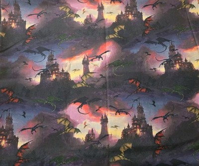 JOANN Novelty Fabric Dark Dragons Castle Halloween