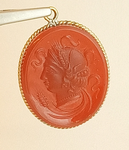 Antico cammeo vittoriano intagliato corniola intaglio oro soldato romano ciondolo - Foto 3 di 11