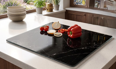 Hartglas Arbeitsplattenplatte 5mm schwarz Marmoroptik Arbeitsplatte Sparplatte 40x60Cm