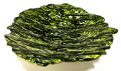 SMALL Glass Trinket Dish Crinkled Wavy Unique Green Glossy See Pics, NICE!