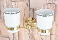 Gold Toothbrush Tumbler Holder with Ceramic Cup Wall Mounted Bathroom Accessory