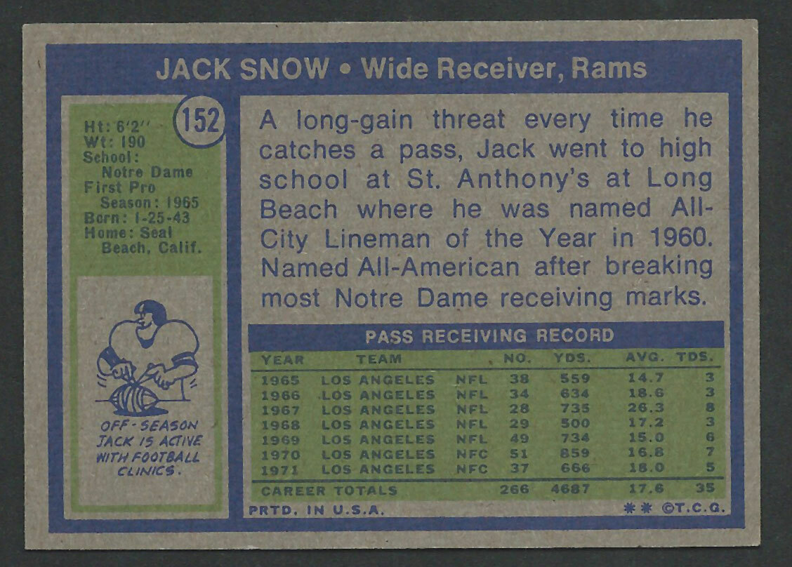 1972 Topps #152 JACK SNOW Los Angeles Rams FLAWLESS SURFACE - EXMT+ 3 ...