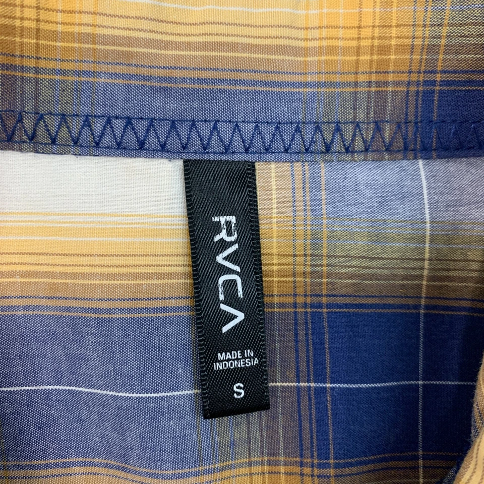 RVCA Shirt Mens S Small Yellow Blue Plaid Button Up Short Sleeve Drop Cut Pocket - Image 4 of 4