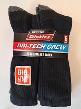 Dickies Size 12-15 Big and Tall Mens Comfort Crew Work Socks 6 Pairs Pack Black