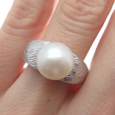 925 Sterling Silver Vintage Real Pearl Textured Ring Size 7.25