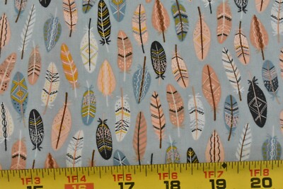 By 1/2 Yd, Peach Blue Navy Native-American Feathers on Cotton, Moda, Hall, P8339