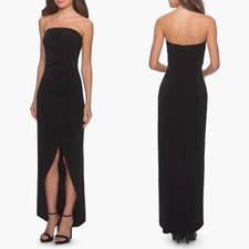 NEW LA FEMME Black STRAPLESS Ruched SOFT JERSEY Evening Dress GOWN 12 Fit 10