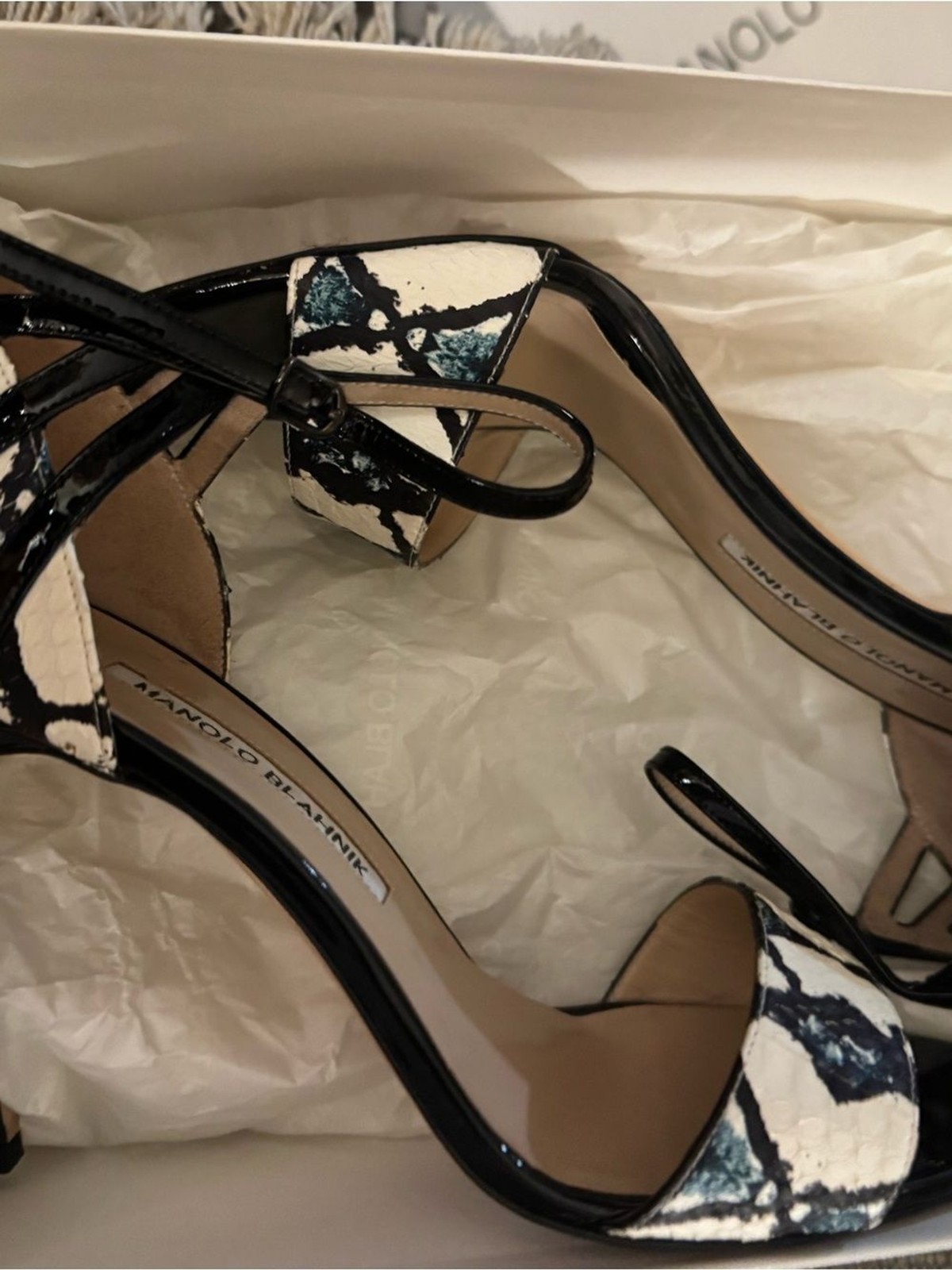 Vintage Manolo Blahnik Riah Black & Ivory Patterned Leather High Heel Sandals image 2