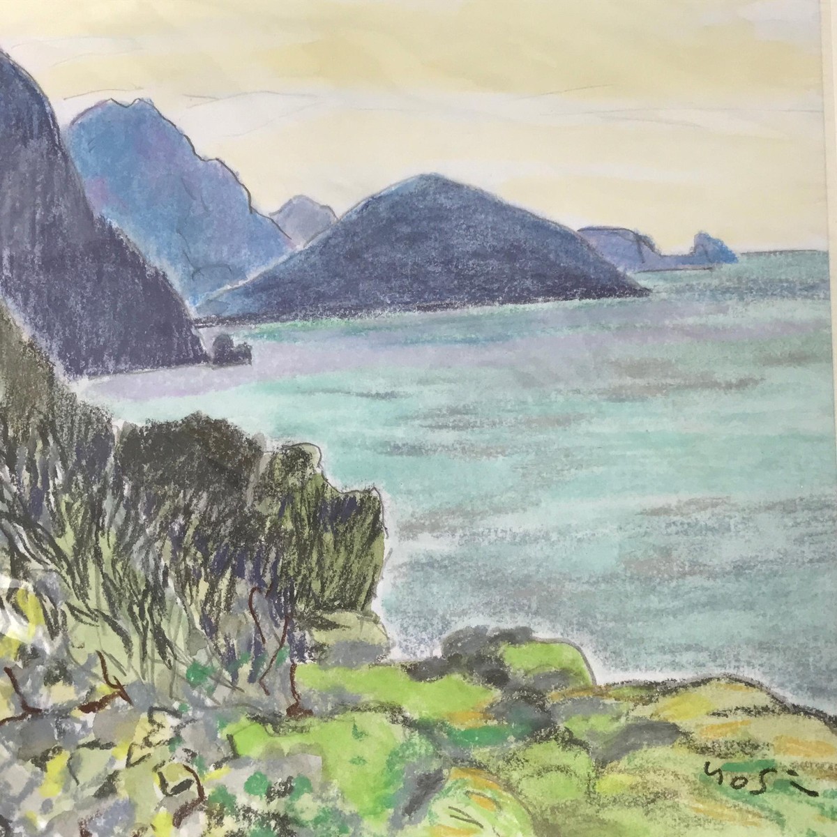 Japanese Ocean Coastline Sunset Pastel Drawing Art Signed