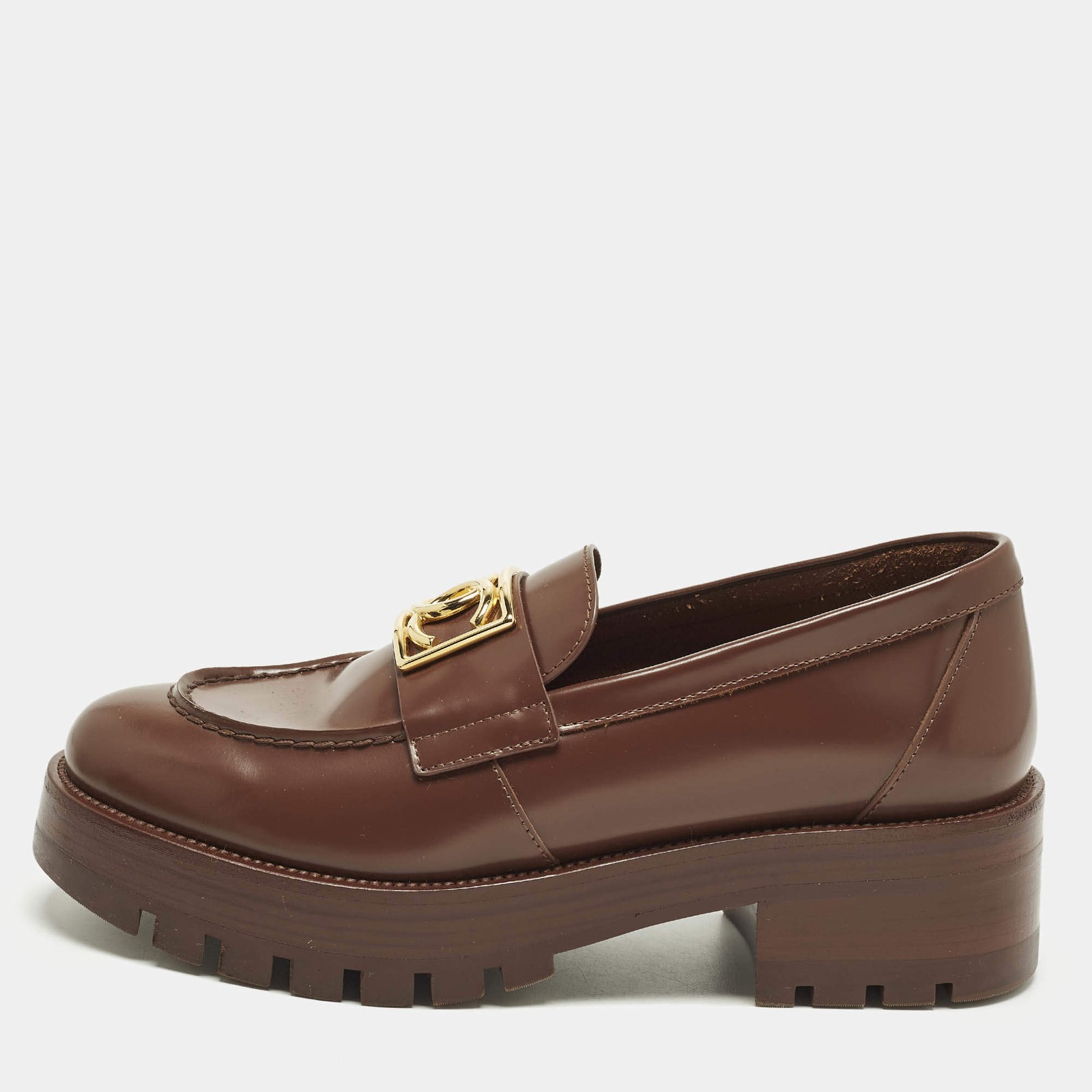 Chanel Coco Mark Size 37.5 Brown Leather CC Slip On Loafers