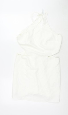 Stradivarius Damen Weiß Polyester Mini Größe L Rundhals Reißverschluss - Cut Out Detail